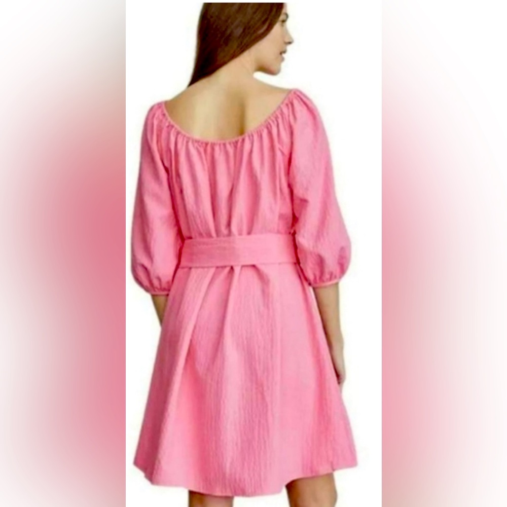 Elizabeth & James On/Off Shoulder Uptown Dayglow Peasant Belted Shift Dress Pink - Picture 5 of 10